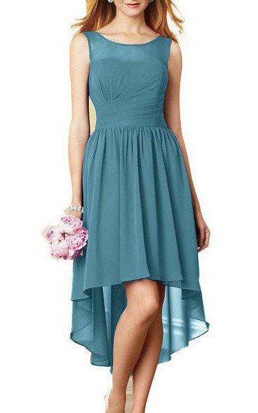 Ruched Illusion-Neck High-Low Chiffon Gown