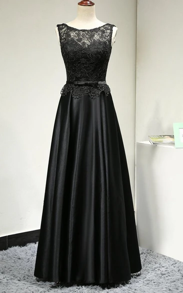 Satin Belt Sleeveless Scoop-Neckline Long Dress