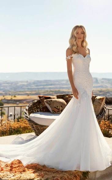 Corset Back Off-the-shoulder Sexy Mermaid Lace Tulle Wedding Dress With Chapel Train