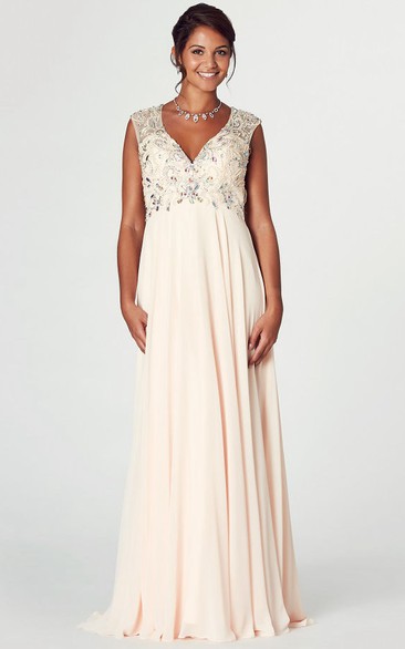 Plunged Sleeveless Empire Chiffon Dress With Crystal Detailing And Keyhole back