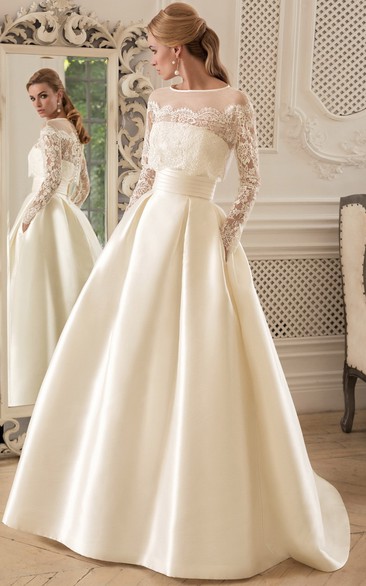 Modern A Line Jewel Satin Floor-length Train Long Sleeve Wedding Dress with Ruching