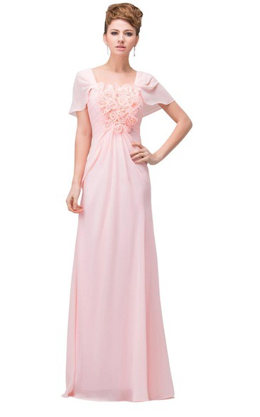 Floral Bodice Chiffon Short-Sleeved Dress