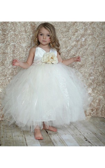 Tulle Floral Jewel Waist V-Neckline Beautiful Ball Gown