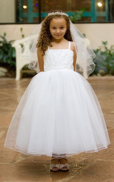 Layered Strapped Spaghetti Ankle-Length Lace Flower Girl Dress