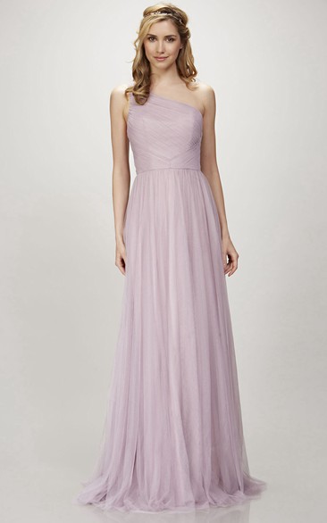 One-shoulder Sleeveless Tulle Bridesmaid Dress With Ruching
