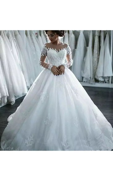 Luxury Jewel Illusion Long Sleeve Lace Tulle A-Line Ball Gown Wedding Dress