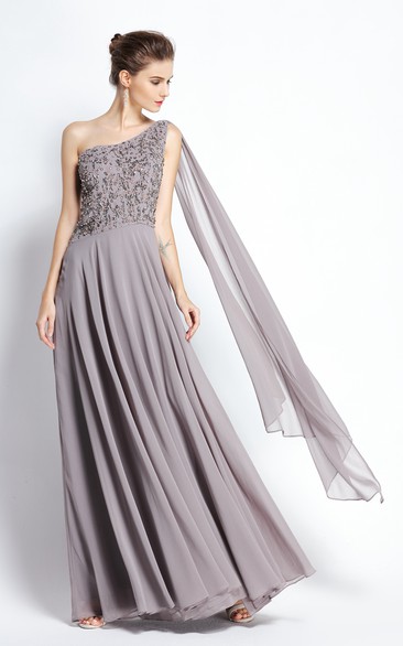 Floor-length A-Line One-shoulder Sleeveless Chiffon Prom Dress with Draping and Pleats