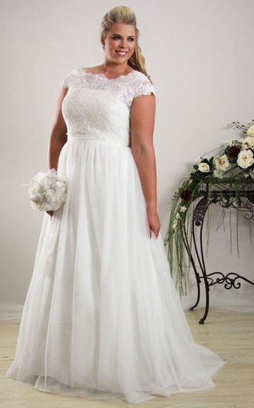 Bateau Cap-sleeve A-line plus size Wedding Dress With Lace