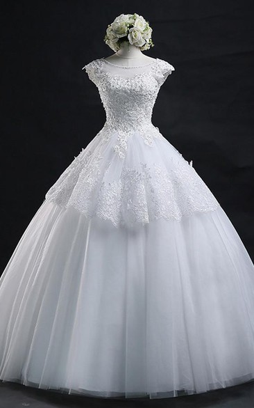 Jewel Lace Tulle Cap Short Sleeve Wedding Dress