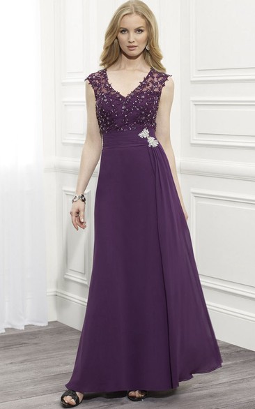 Formal Jewel Illusion Back Cap-Sleeve V-Neckline Dress