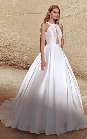 Modern Ball Gown Satin Floor-length Sleeveless Open Back Wedding Dress with Ruching