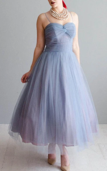 Spaghetti-strap Tulle Ankle-length Ruched Dress With Pleats