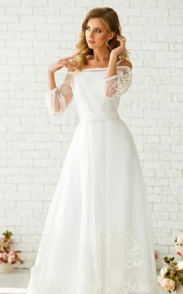Simple A Line Off-the-shoulder Floor-length 3/4 Length Sleeve Tulle Wedding Dress with Ribbon
