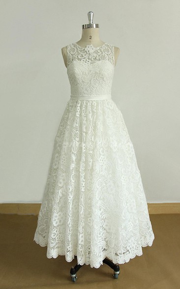 Jewel-Neck Sleeveless Tea-length Lace Wedding Dress