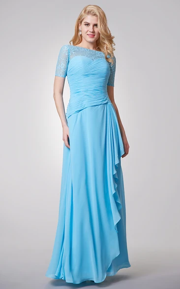 Floor-Length Lace Top Long Bateau-Neck Chiffon Dress