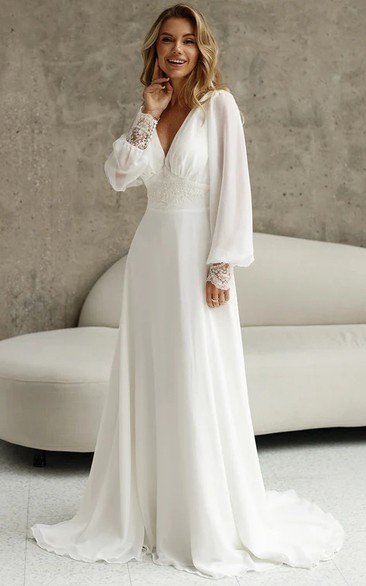 Elegant Long Sleeve Chiffon V-neck Sheath Chiffon Wedding Dress with Beading