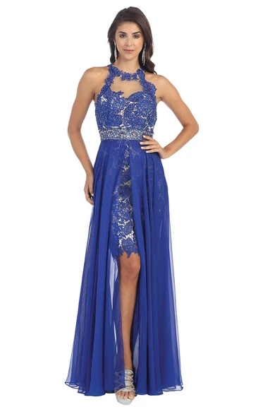 High Neck Sleeveless Pencil Prom Dress With Beading And Lace