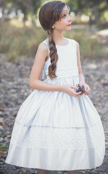 Layered Lace Sequined Tea-Length Tulle Flower Girl Dress