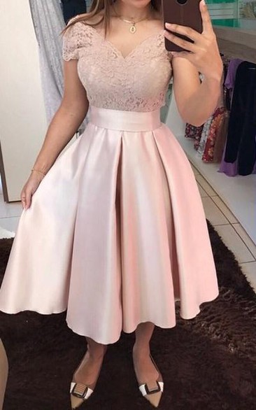 V-neck Satin Lace Short Sleeve Tea-length Homecoming Dress with Bow and Ruffles