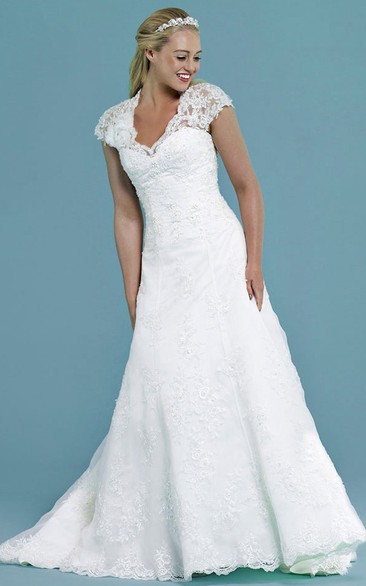 Cap-sleeve Lace Appliqued long Wedding Dress