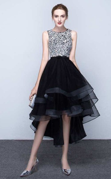 A-line High-low Jewel Sleeveless Organza Dress with Beading