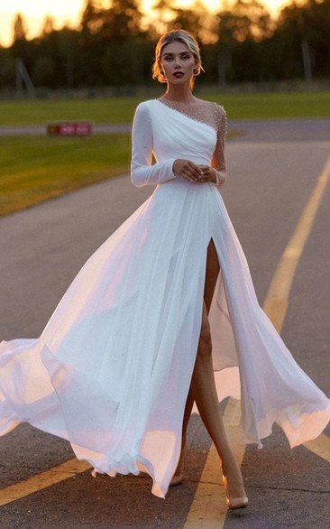 Asymmetrical Illusion Long Sleeve Front Split Chiffon Flowy Dress with Beadings