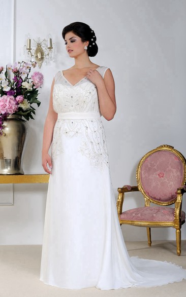 n Sleeveless Sheath long plus size wedding dress With Crystal Detailing 