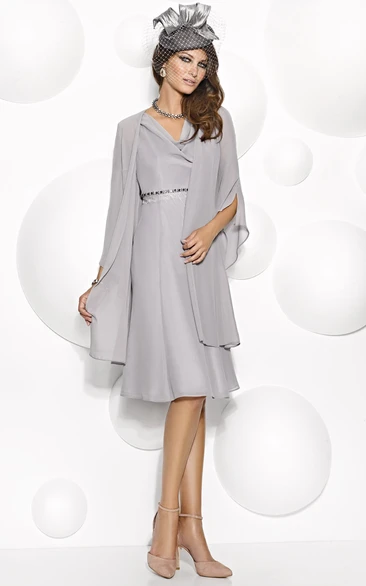 V-neck Knee-length Jersey Dress With Beading And Cape