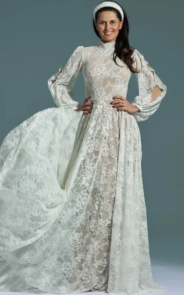 Vintage High-neck Puff-long-sleeve Lace Empire Modest Wedding Dress with Pleats