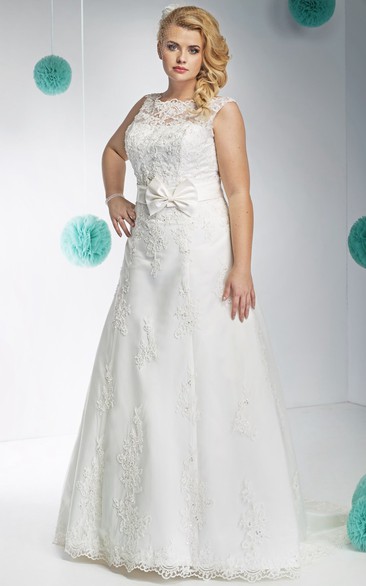 Bateau Sleeveless Lace A-line plus size wedding dress With Low-V Back