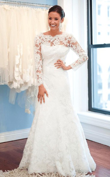 Long-Sleeve White Brush Train Lace Elegant Wedding Gown