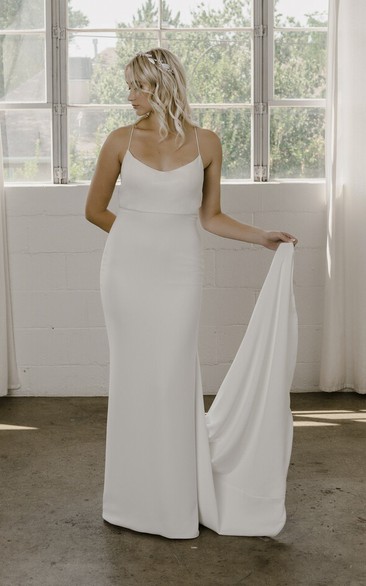 Spaghetti Straps Simple Sheath Wedding Dress With Open Back And Straps In Court Train