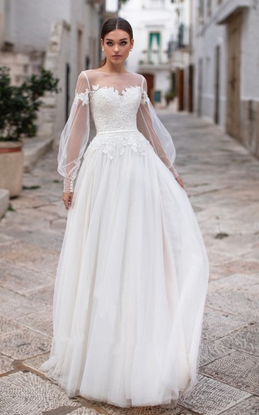 Elegant Tulle Bateau Neck Illusion Long Sleeve Wedding Dress