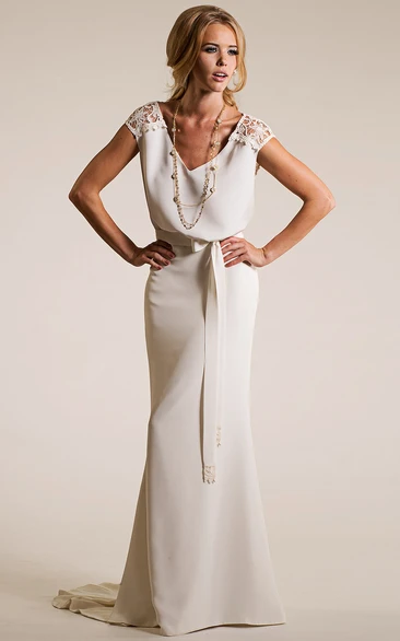 Sheath V-neck Cap-Sleeves Floor-length Chiffon Wedding Dress with Illusion and Sash