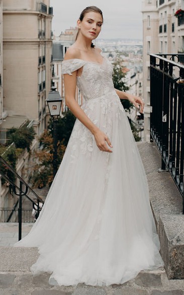 Ethereal A Line Lace Floor-length Train Short Sleeve Backless Wedding Dress with Appliques