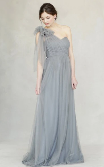 One-shoulder Tulle Floor-length Bridesmaid Dress With bow And Ruching