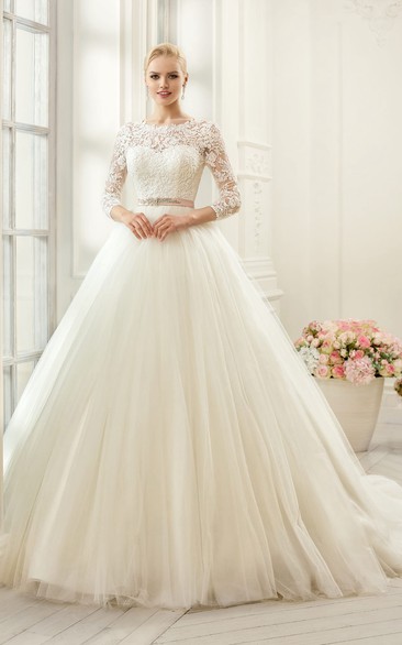 Ball Gown Long Bateau Long-Sleeve Deep-V-Back Tulle Lace Dress With Appliques And Waist Jewellery