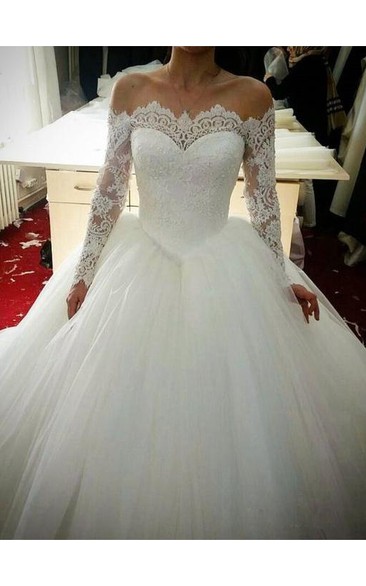 Off-the-shoulder Lace Tulle Illusion Long Sleeve Wedding Dress