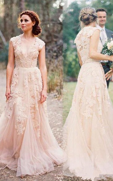 V-neck Lace Tulle Cap Short Sleeve Wedding Gown