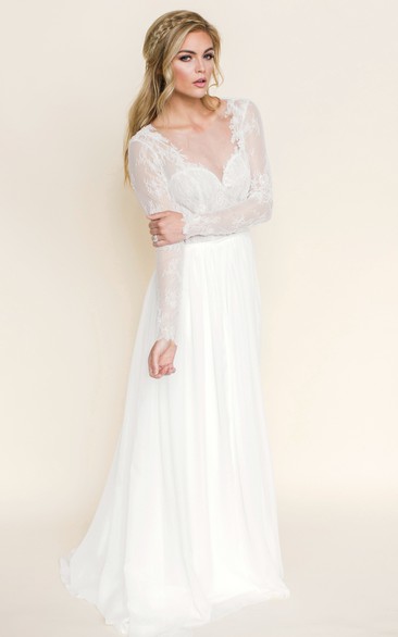 Plunged Illusion Long Sleeve Backless Wedding Dress With Sweep Train