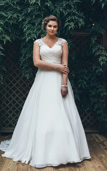 Cap Criss-Cross Floor-Length A-Line Long-Train Appliqued Dress