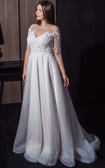 Cowl-neck Off-the-shoulder Plus Size A-line Wedding Dress Crystal Detailings and Lace applique