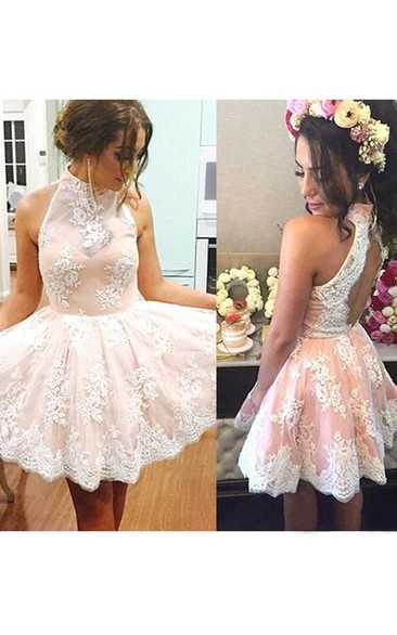 Sleeveless A-line Ball Gown Short Mini High Neck Pleats Ruching Lace Homecoming Dress