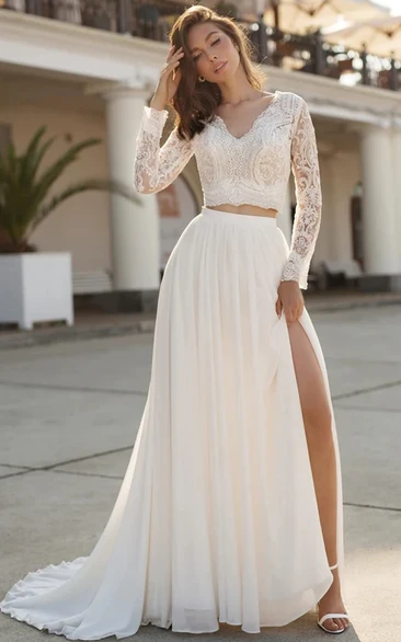 Two Piece Lace Long Sleeve Wedding Dress Chiffon Skirt