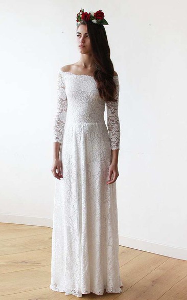 Floor-Length Off-The-Shoulder Long Sleeve Floral Lace Wedding Dress