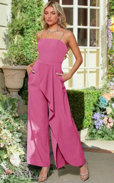 Beaded Straps Draping Empire Waist Bridesmaid Guest Formal Wide Leg Slit Jumpsuit