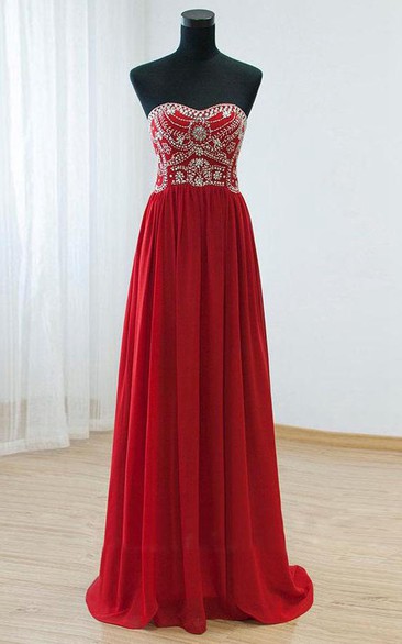 Sweetheart Chiffon A-Line Long Rhinestone Sleeveless Gown