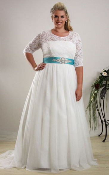 Scoop-neck Half Sleeve Lace plus size Wedding Dress With Embellished Waist
