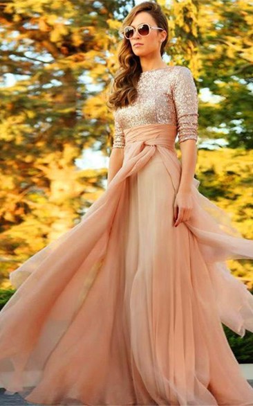 Long Short-Sleeves Prom Sequined Stunning Evening Gown