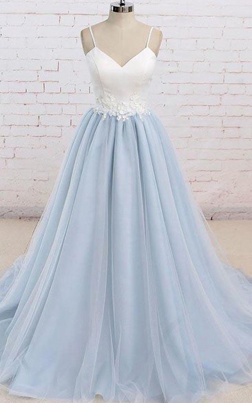 Spaghetti V-neck Satin Tulle Sleeveless Floor-length Sweep Train Backless Formal Dress